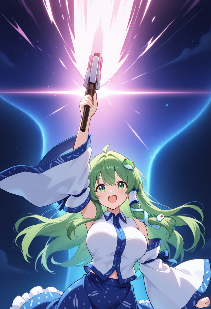 masterpiece, best quality, ultra-detailed, absurdres, newest, kochiya sanae, 1girl, solo, green hair, long hair, green eyes, skinny, large breasts, frog hair ornament, hair tubes, snake hair ornament, collared shirt, white shirt, detached sleeves, wide sleeves, blue skirt, frilled skirt, holding beam weapon, transamraiser, pink beam, giant beam, one arm up, outer space, upper body, open mouth, happy, smile, straight on,