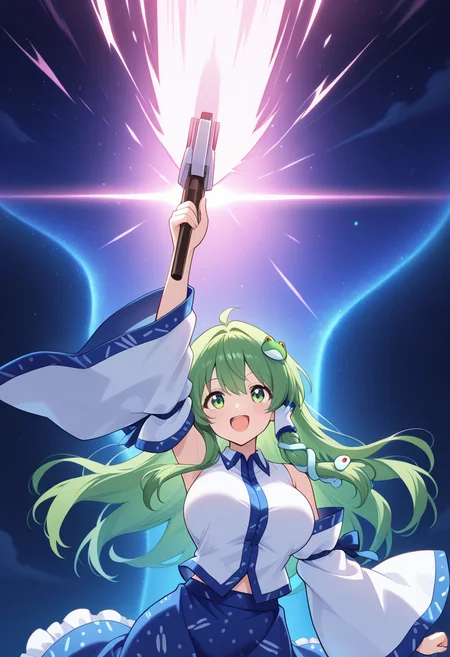 masterpiece, best quality, ultra-detailed, absurdres, newest, kochiya sanae, 1girl, solo, green hair, long hair, green eyes, skinny, large breasts, frog hair ornament, hair tubes, snake hair ornament, collared shirt, white shirt, detached sleeves, wide sleeves, blue skirt, frilled skirt, holding beam weapon, transamraiser, pink beam, giant beam, one arm up, outer space, upper body, open mouth, happy, smile, straight on,