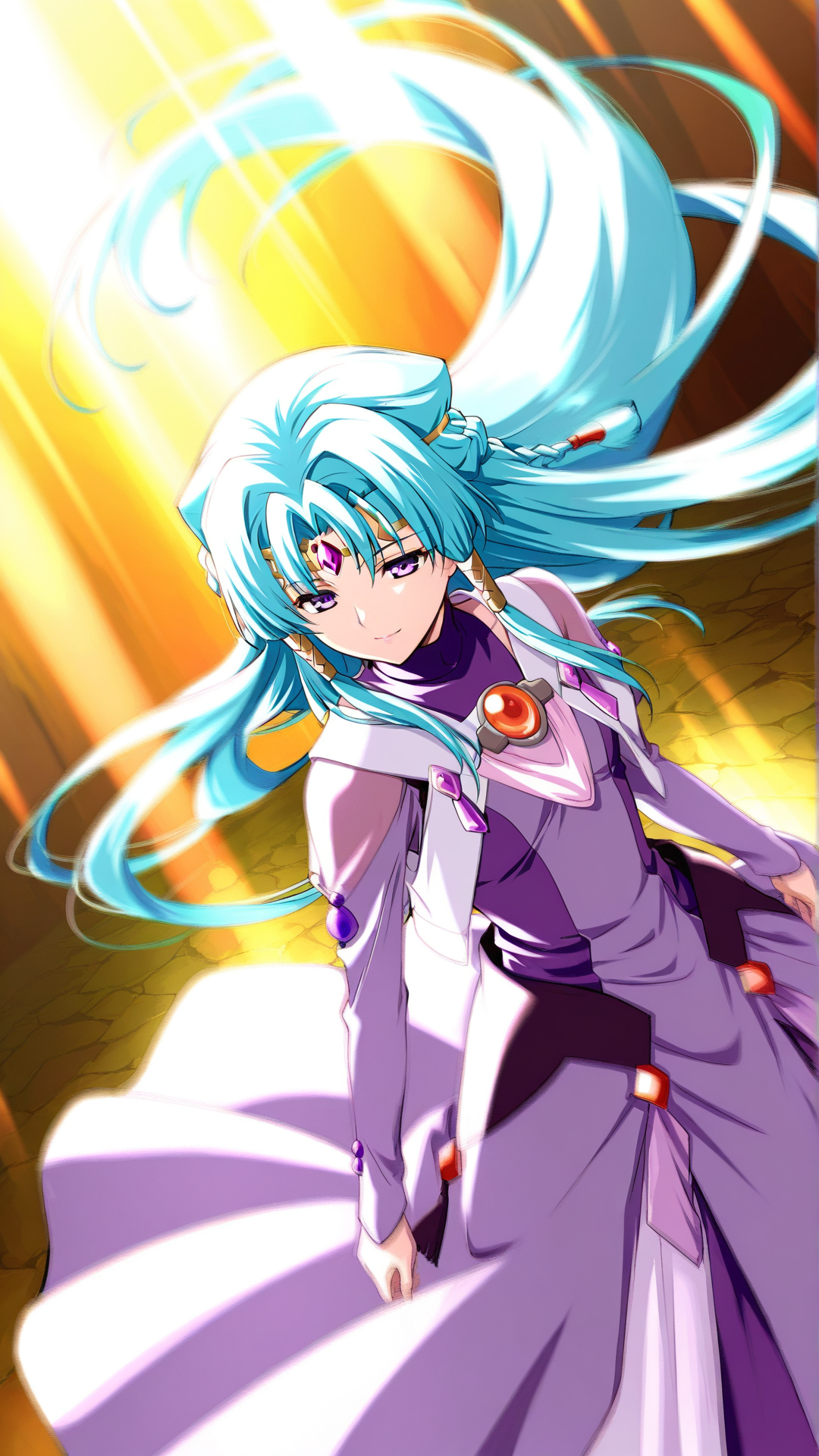 source_anime, general, best quality, masterpiece, 1girl,  <lora:shana_mia_ill_v1.0:1.0> shana_mia\(srw\),purple eyes,long hair,braid, very long hair,aqua hair, hair tubes, circlet, gem, hair ornament, brooch,purple long dress, long sleeves ,forehead jewel,dynamic pose, dutch angle, floating hair, light rays, light smile,