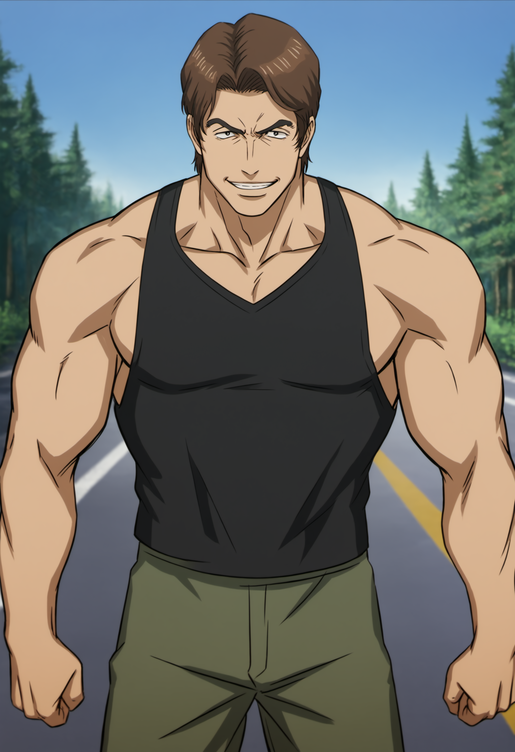 1boy, miki_kiseijuu,  brown hair, black eyes. black tanktop, score_8_up, score_7_up, score_6_up, score_9, a muscular man at forest, , sunny, sky, standing, (manly),face_focus, mddle-age man, muscular,stocky body,,looking at viewer, detailed eyes, 8k uhd, high quality, standing, punch, open arms, evil_grin,