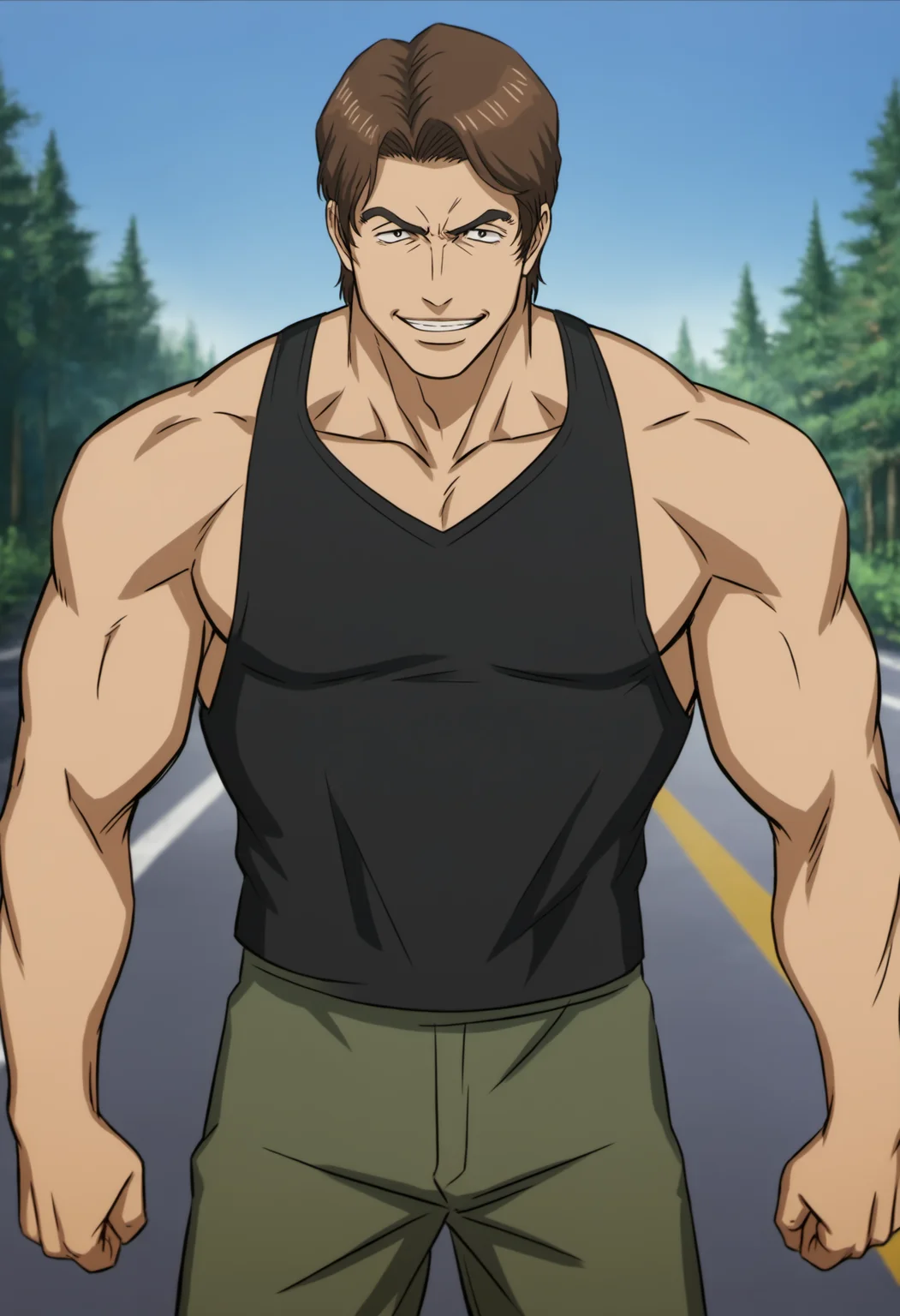 1boy, miki_kiseijuu, brown hair, black eyes. black tanktop, score_8_up, score_7_up, score_6_up, score_9, a muscular man at forest, , sunny, sky, standing, (manly),face_focus, mddle-age man, muscular,stocky body,,looking at viewer, detailed eyes, 8k uhd, high quality, standing, punch, open arms, evil_grin,