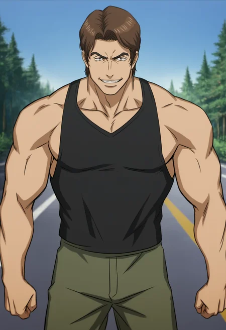 1boy, miki_kiseijuu,  brown hair, black eyes. black tanktop, score_8_up, score_7_up, score_6_up, score_9, a muscular man at forest, , sunny, sky, standing, (manly),face_focus, mddle-age man, muscular,stocky body,,looking at viewer, detailed eyes, 8k uhd, high quality, standing, punch, open arms, evil_grin,