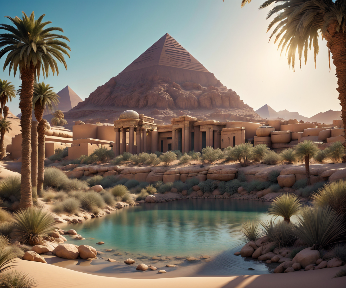 RAW photo, (masterpiece:1.3), subsurface scattering, heavy shadow, (high quality:1.4), (intricate, high detail:1.2), professional photography, HDR, High Dynamic Range, realistic, ultra realistic, photorealistic, high resolution, film photography, ambient lighting, atmospheric effects, <lora:detail_slider_v4:2>, OverallDetail,  <lora:Oasis:1>, a small oasis in the desert, palm trees, shrubs, an egyptian temple in the background