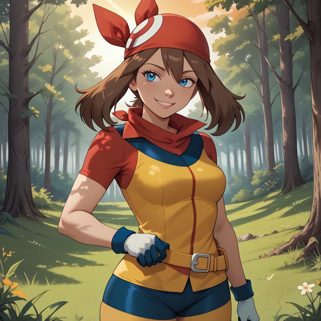 score_9, score_8, BREAK, solo, 1girl, may (pokemon), blue eyes, brown hair, bandana, long hair, red bandana, twintails, hair between eyes, blue shorts, micro skirt white, gloves, yellow belt, medium breasts, curves, sexy pose, self portrait, smile, outdoors, sunlight, shadows, evening lighting, natural lighting, forest, trees, grass, orange sky, sunset