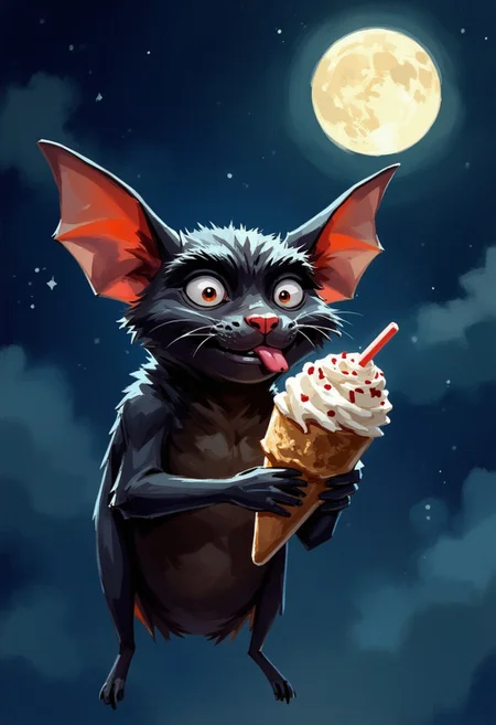 Night, stars, moon, shaggy, crinkly bat with beautiful ice cream, licking his tongue, expressive eyes, photocaturation, funny humor, cinematic, comical, hyperrealism, detailed elaboration of details, fur and wings, professionally, random angle, high resolution, macrofocus.