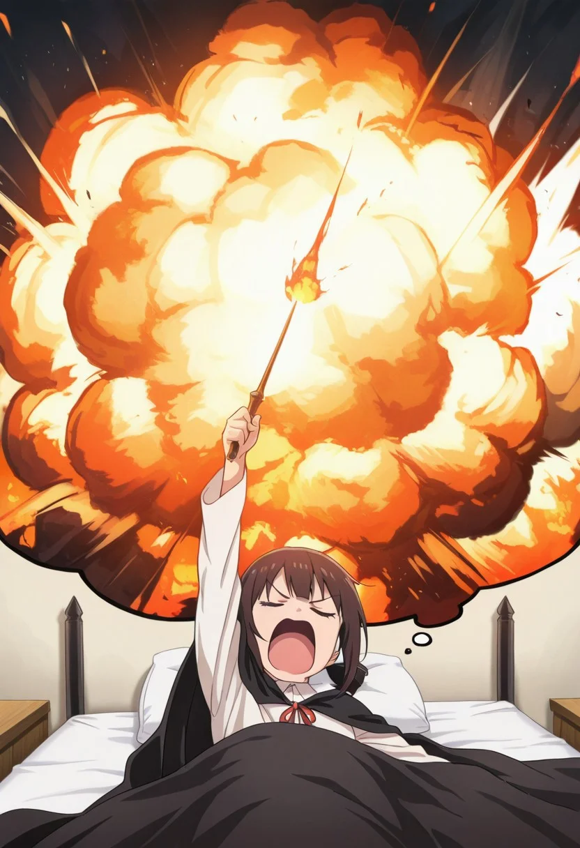 1girl, solo, komekko, black cape, arm up, holding wand, upper body, screaming, v-shaped eyebrows, explosion, imagining, sleeping, on bed, masterpiece, best quality, amazing quality,