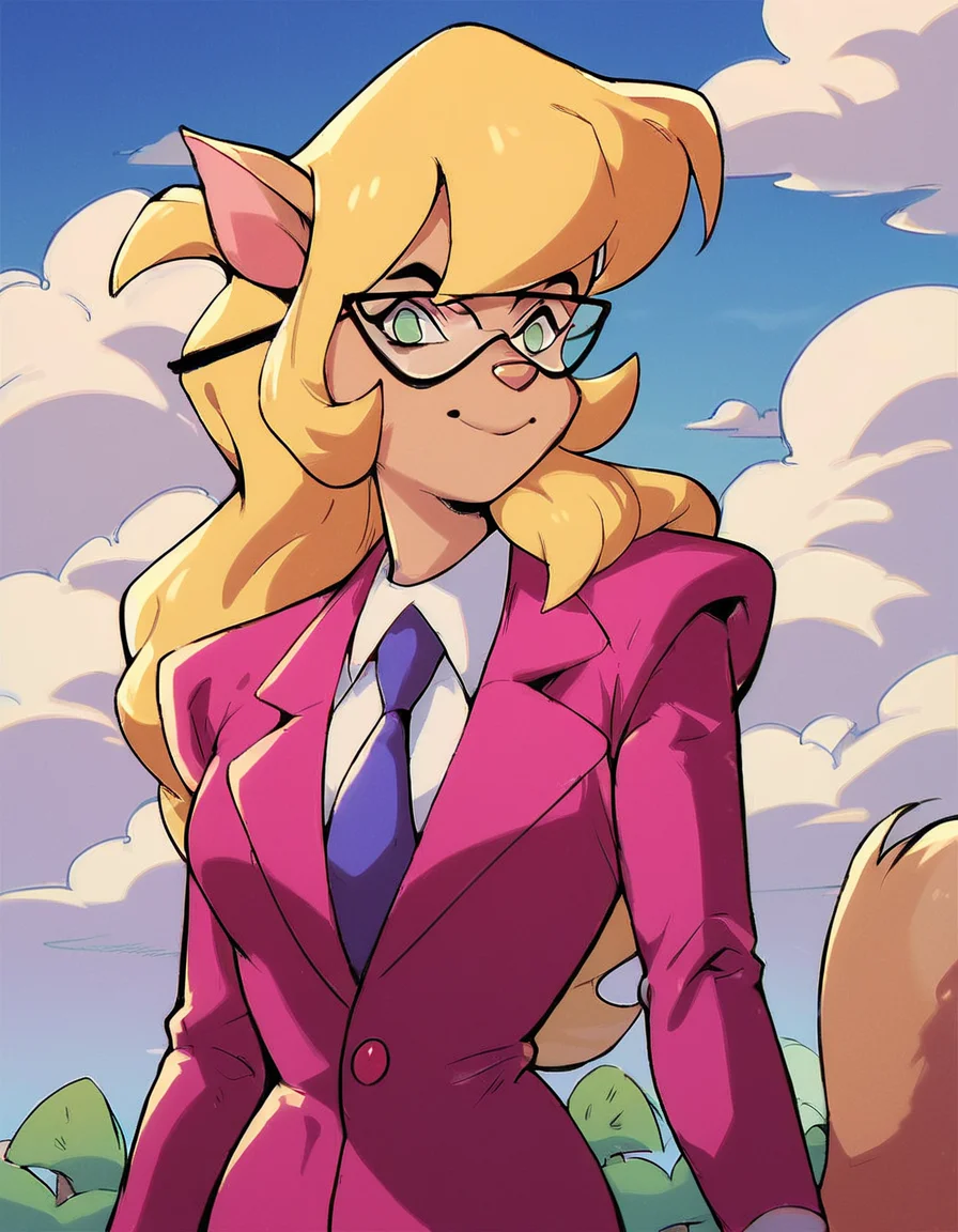 score_9, score_8_up, score_7_up, score_6_up, score_5_up, score_4_up, (Source furry), (rating safe), <lora:CallieBriggsXL:1>, 1girl solo, outside, trees, clouds, looking at viewer, glasses, callie briggs, pink suit, detailed, detailed fur,
