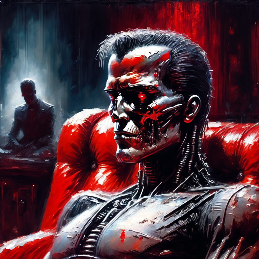 artmix05 am05 closeup sad terminator on a big red chair in a dark room, very detailed  <lora:artmix05:1.4>