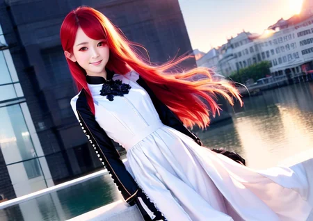 ((masterpiece,best quality)),1girl, long hair, red hair, solo, dress, red eyes, looking at viewer, long sleeves, standing, building, white dress, gloves, hair ornament, black jacket, smile, floating hair, dutch angle, closed mouth, looking away, outdoors