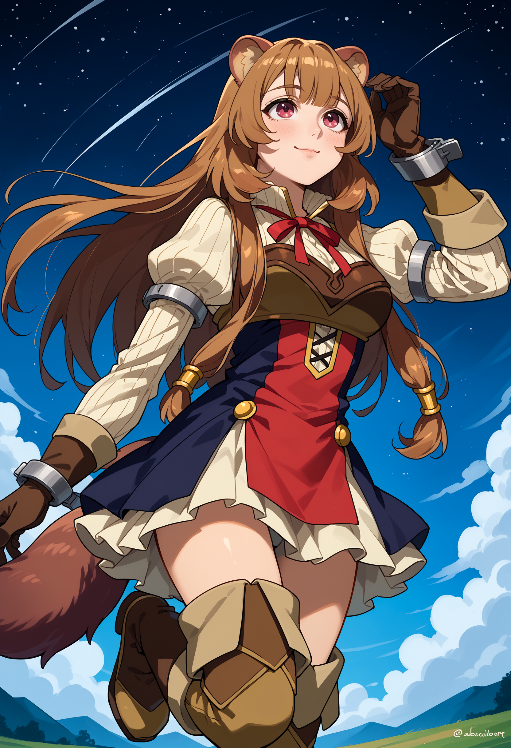 score_9, score_7_up, source_anime, solo, BREAK  <lora:AERaphtalia-000009:1> aeraphtaliadef, brown gloves, brown hair, cuffs, hair tubes, juliet sleeves, long hair, long sleeves, neck ribbon, raccoon ears, raccoon girl, raccoon tail, ribbed shirt, short dress, thigh boots, light smile, hand in own hair, wind, looking up, from below, starry sky, light blush, dynamic pose, full body, standing on one leg, arm up,