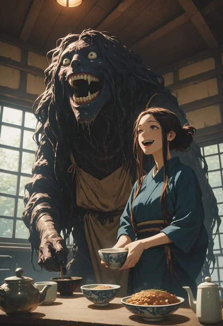 mcht2, japanese clothes, holding, open mouth, indoors, black hair, kimono, apron, long hair, 1girl, smile, teeth, looking at another, window, single hair bun, cup, hair bun, brown hair, bowl, very long hair, teapot, food, blue kimono, standing, eldritch creature, lovecraftian, detailed lighting, masterfully drawn, expressive, amazing quality, best resolution, very aesthetic, 4k, latest, , <lora:5446466b-cec5-48ee-8b09-f2b6d0993aab:0.9>