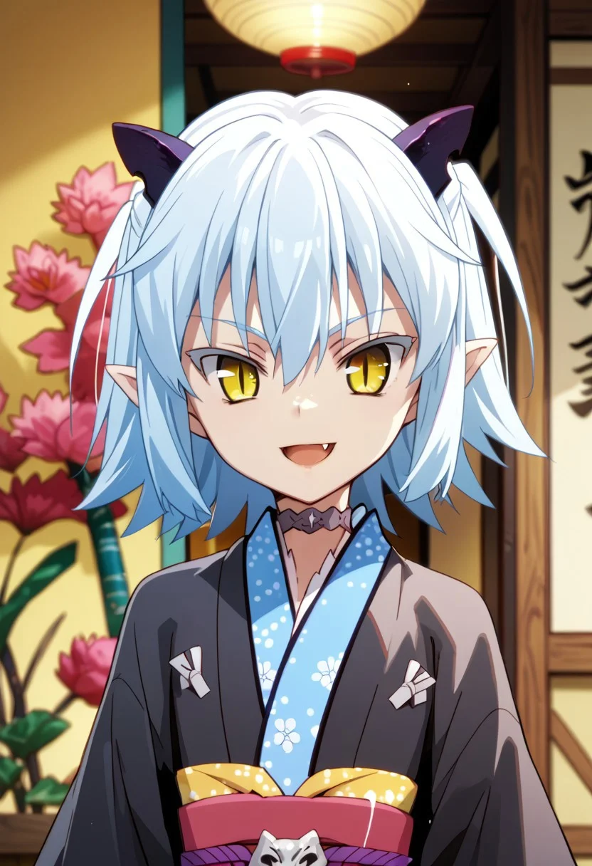 score_9,score_8_up,score_7_up,source_anime, Shiroyasha,1girl,solo,looking at viewer,smile,open mouth,animal ears,upper body,horns,japanese clothes,choker,fang,kimono,slit pupils,