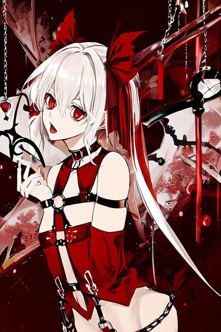 flandre_scarlet_(koumajou_densetsu), wh1te, wings, choker, white chain, bat wings, o-ring, garter belt, skull, harness, bondage harness, body harness, breasts,