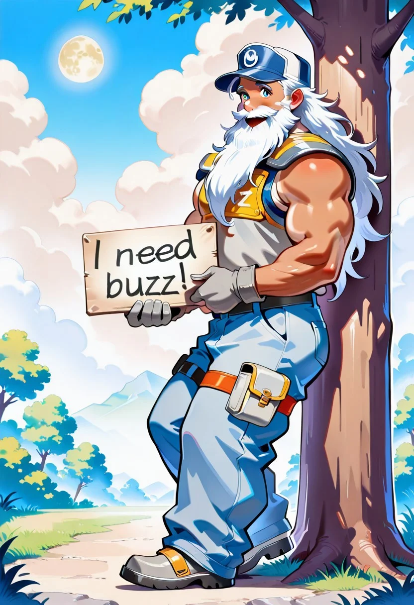 masterpiece, best quality, amazing quality, Musclegut male, ((white beard, tan body, very long beard)),  (Headwear topwear bottomwear footwear waistband thigh pouch bicep band shoulder pad) ((leaning against tree, grey gloves, side view, looking at viewer, looking embarrassed holding sign with text "need buzz")), buzz, Moon park,