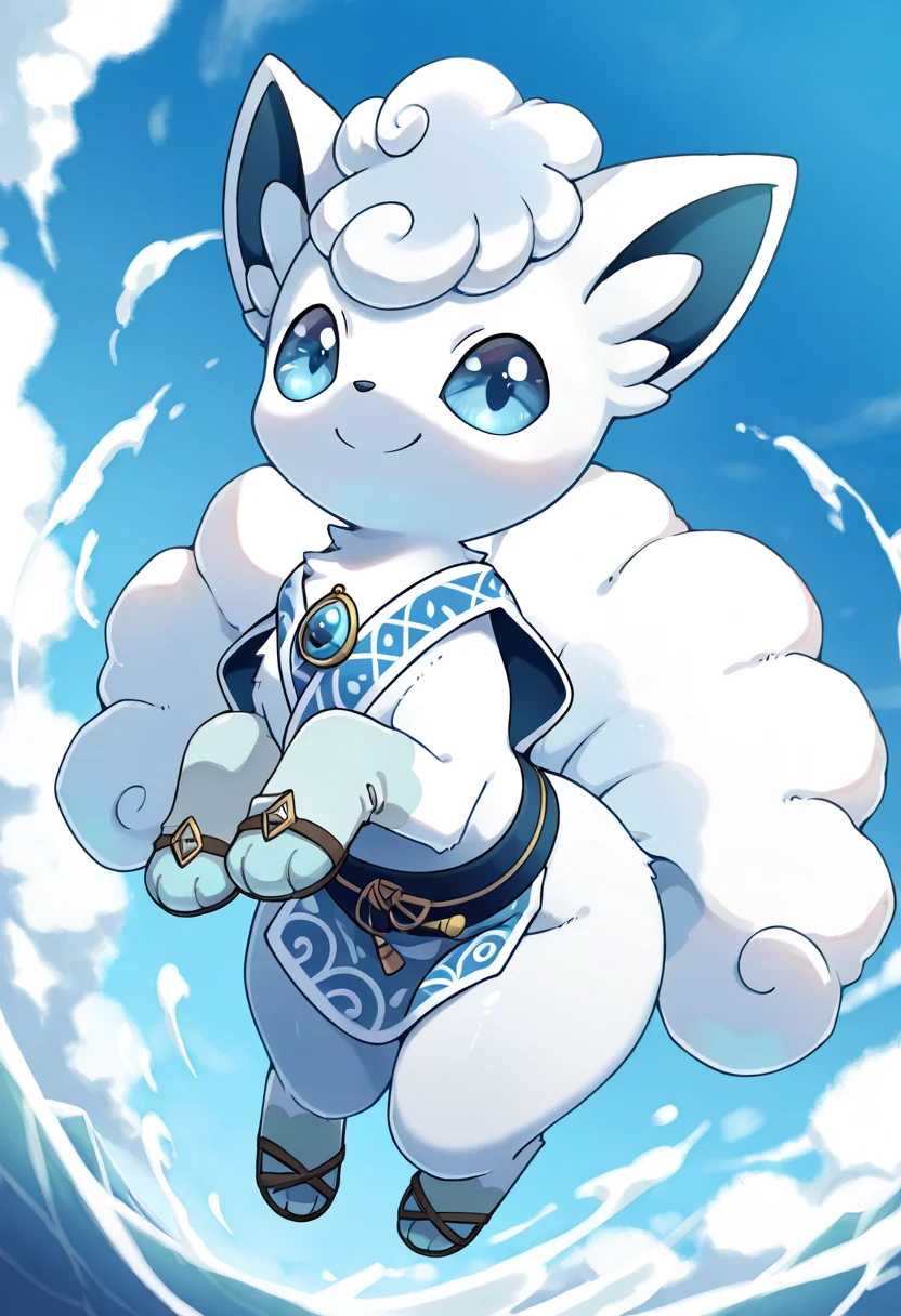 masterpiece, best quality, solo, curvy, beautiful eyes, narrow waist, wide hips, (no humans:1.1), solo, smile, looking at viewer, dynamic angle, foreshortening, close up,      zzVulpixA, fluffy, white fur,  ,<lora:VulpixAlolanPokedex_IXL_v1:1.0>,   [Azure Tempest Messenger], bright blue flowing tunic with sky-cloud prints, cloud-patterned waist sash, sapphire cloak clasp, glistening sea-glass amulet, silver-buckled sandals, frost-tipped gloves, vast open sky as backdrop, drifting on air currents, steady gaze,