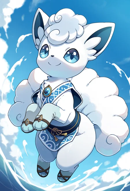 masterpiece, best quality, solo, curvy, beautiful eyes, narrow waist, wide hips, (no humans:1.1), solo, smile, looking at viewer, dynamic angle, foreshortening, close up,      zzVulpixA, fluffy, white fur,  ,<lora:VulpixAlolanPokedex_IXL_v1:1.0>,   [Azure Tempest Messenger], bright blue flowing tunic with sky-cloud prints, cloud-patterned waist sash, sapphire cloak clasp, glistening sea-glass amulet, silver-buckled sandals, frost-tipped gloves, vast open sky as backdrop, drifting on air currents, steady gaze,