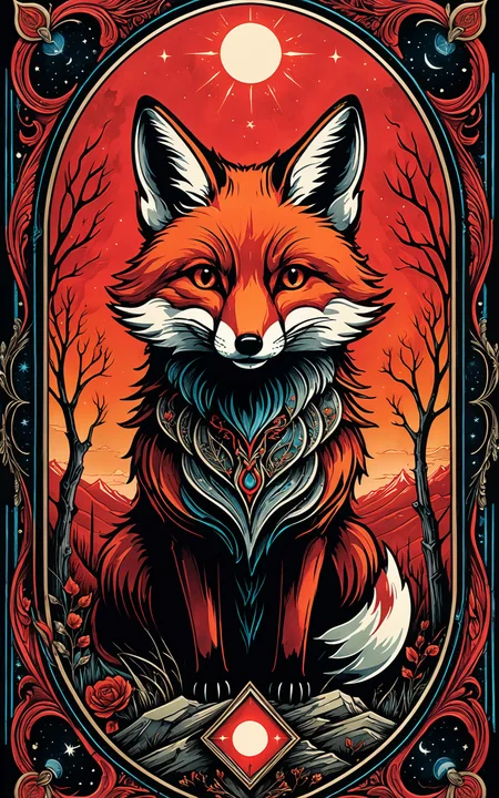 pen and ink, liquid ink, best quality, double exposure, vintage triadic red colors, "THE FOX" tarot card, eerie and detailed image, Craola, Dan Mumford, Andy Kehoe, 2d, plan, vintage, art in cracked paper, patchwork, detailed storybook illustration, cinematic, ultra highly detailed, mystical, luminism, vibrant colors, complex background<lora:xl_more_art-full_v1:0.5>