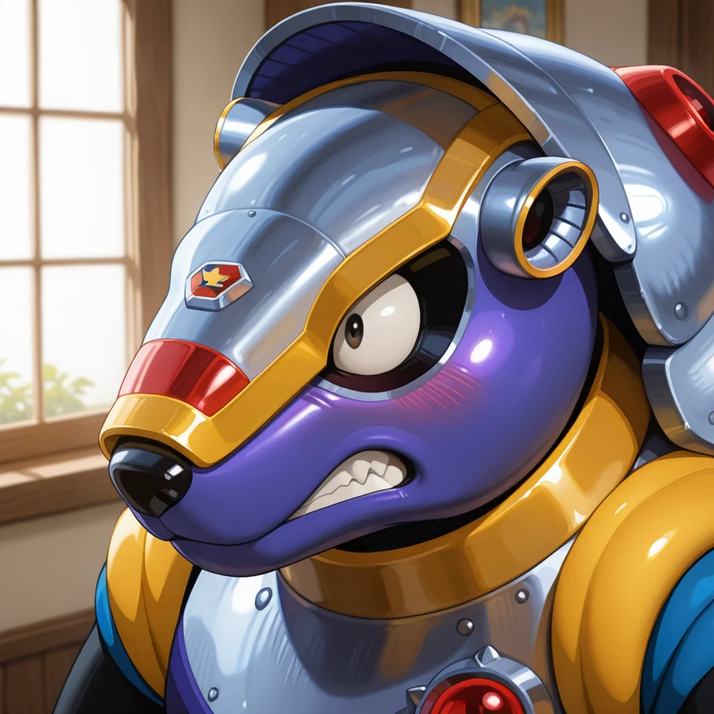 <lora:Armored_Armadillo_Megaman_X_Illustrious:1> Armored Armadillo, 1boy, classic design, portrait, painting, clenched teeth, looking away, embarassed, blush, masterpiece, masterwork, ( photorealistic, 8K CGI render), ( glossy metal body),