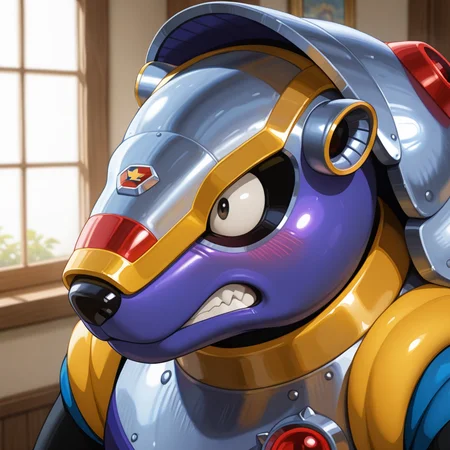 <lora:Armored_Armadillo_Megaman_X_Illustrious:1> Armored Armadillo, 1boy, classic design, portrait, painting, clenched teeth, looking away, embarassed, blush, masterpiece, masterwork, ( photorealistic, 8K CGI render), ( glossy metal body),