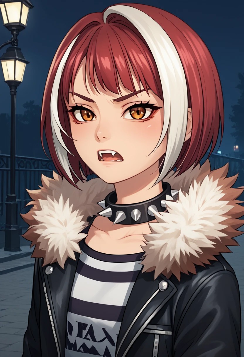 score_4,score_5,score_6,score_7_up,score_8_up,score_9
((masterpiece,best quality,ultra detailed,highres,HD,4k:1.2)),
Gibril(normal), 1 girl, solo, striped white hair, short hair, bob cut, bangs, multi-colored hair, red hair, fangs, teeth, brown eyes,
jacket,spikes,collar,fur trim,spiked collar,striped shirt,black jacket,shirt,studded collar,red skirt,short skirt,
Moonlight, moonlight, ight, street light
frown,open mouth,