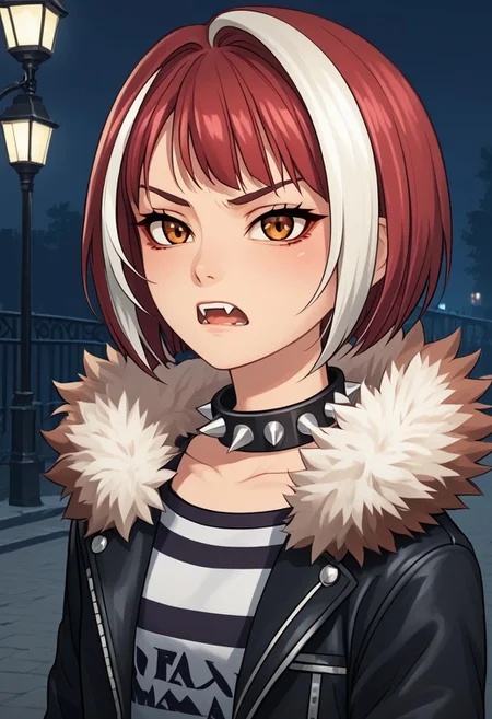 score_4,score_5,score_6,score_7_up,score_8_up,score_9
((masterpiece,best quality,ultra detailed,highres,HD,4k:1.2)),
Gibril(normal), 1 girl, solo, striped white hair, short hair, bob cut, bangs, multi-colored hair, red hair, fangs, teeth, brown eyes,
jacket,spikes,collar,fur trim,spiked collar,striped shirt,black jacket,shirt,studded collar,red skirt,short skirt,
Moonlight, moonlight, ight, street light
frown,open mouth,
