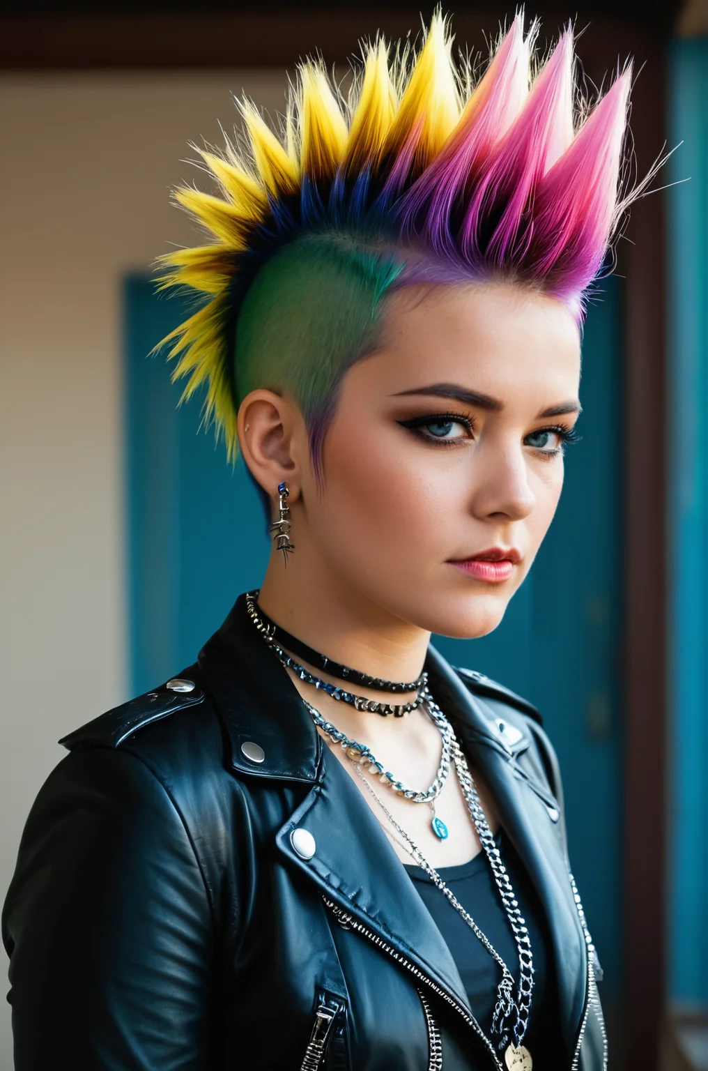 breathtaking punk outfit, colored Mohawk hair, chain necklace, atmospheric, cinematic, high detail, masterpiece <lora:S4ndr4_mm4:0.8> S4ndr4 . award-winning, professional, highly detailed