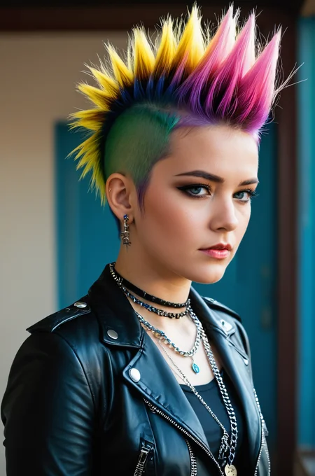 breathtaking punk outfit, colored Mohawk hair, chain necklace, atmospheric, cinematic, high detail, masterpiece <lora:S4ndr4_mm4:0.8> S4ndr4 . award-winning, professional, highly detailed