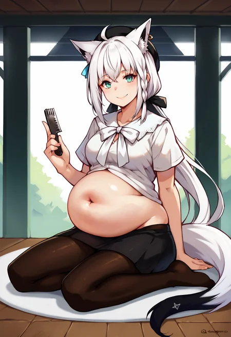 score_9, score_8_up, score_7_up, uncensored, source_anime, 1girl, <lora:spsaggyBellyXLPony-000010:1> saggy belly, big belly,  <lora:shirakami_fubuki_sdxl_pony-4:1> fubuki_casual, white shirt, white bow, beret, black skirt, black pantyhose, white hair, single side braid, ahoge, piercing, fox tail, fork, knife, perfume bottle, looking at viewer, sitting, smile, solo