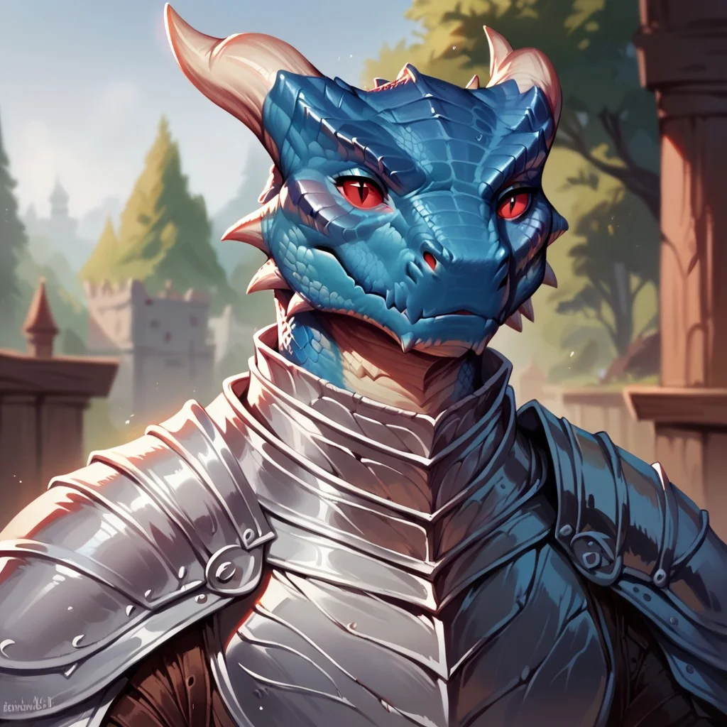 (((detailed, beautiful, high quality))), score_9, score_8_up, score_7_up, upper body, 
lizardfolk, anthro lizard, slit pupil, scales, tail,
1 male, blue scales, red eyes, grey armor, silver armor, horns, big horns,
looking at the viewer, posing, 
blurred background, fantasy background,