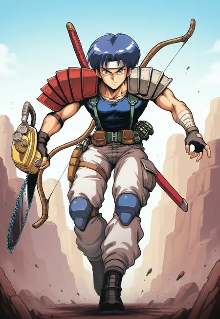 masterpiece, best quality, amazing quality, very aesthetic, absurdres, newest, ffl1humanm, 1boy, blue hair, male focus, white headband, single red pauldron, single white pauldron, pouch, blue kneepads, green belt, holster, brown eyes, toned male, grenade belt, black boots, green suspenders, blue vest, single black fingerless glove, single bandaged wrist, action pose, looking at viewer, holding chainsaw, weapon on back,