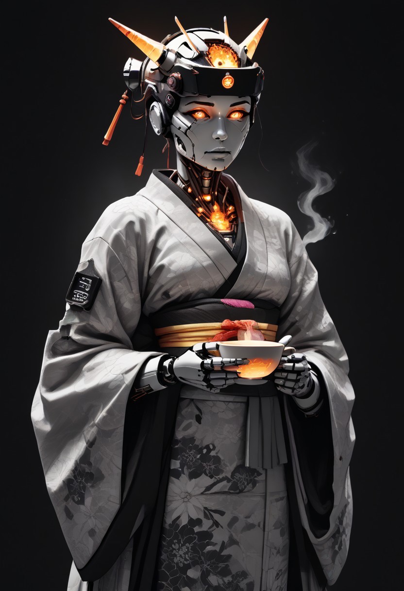 score_9, score_8_up, score_7_up, source_anime, 
1girl, solo,  looking at viewer, japanese, kimono, head-mounted horn, glowing, humanoid robot, geisha, holding a steaming cup of tea, asdfm3cha
, science fiction,, asdfm3cha, monochrome, glow, neon
WORLD MORPH MATCHES, FIRE, monochrome, glow, neon, asdfm3cha