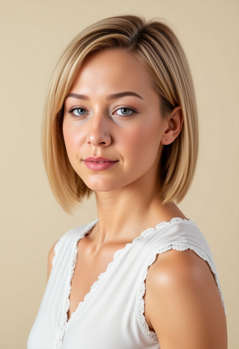 She is approximately 18 years old. Hyperrealism, she is looking at the camera, (dynamic angles), profile headshots of a beautiful, stunning unique female character. she has blonde hair. her eyes are filled with joy and excitement, extravagant eyelashes, a photo of Stephani3_LT, a woman wearing a white frilly shirt. The woman is posing confidently. simple cream colored background. She has a slight smile on her face and is looking directly at the camera. making this image a masterpiece of photography and digital art. realistic. making this image a masterpiece of photography and digital art. Style: realistic hyper-detailed rendering, 32k UHD, expressive eyes, punk, graphic design, girl's face, pretty and cute, gleaming lips, telling a tale of adventure. Exuding confidence and serenity. The overall mood of the image is happy and relaxed,detailed skin texture,(blush:0.2),(goosebumps:0.3),subsurface scattering,whimsical,Detailed hand, Perfect hand. Perfection style.