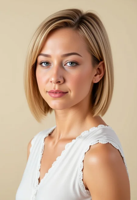 She is approximately 18 years old. Hyperrealism, she is looking at the camera, (dynamic angles), profile headshots of a beautiful, stunning unique female character. she has blonde hair. her eyes are filled with joy and excitement, extravagant eyelashes, a photo of Stephani3_LT, a woman wearing a white frilly shirt. The woman is posing confidently. simple cream colored background. She has a slight smile on her face and is looking directly at the camera. making this image a masterpiece of photography and digital art. realistic. making this image a masterpiece of photography and digital art. Style: realistic hyper-detailed rendering, 32k UHD, expressive eyes, punk, graphic design, girl's face, pretty and cute, gleaming lips, telling a tale of adventure. Exuding confidence and serenity. The overall mood of the image is happy and relaxed,detailed skin texture,(blush:0.2),(goosebumps:0.3),subsurface scattering,whimsical,Detailed hand, Perfect hand. Perfection style.