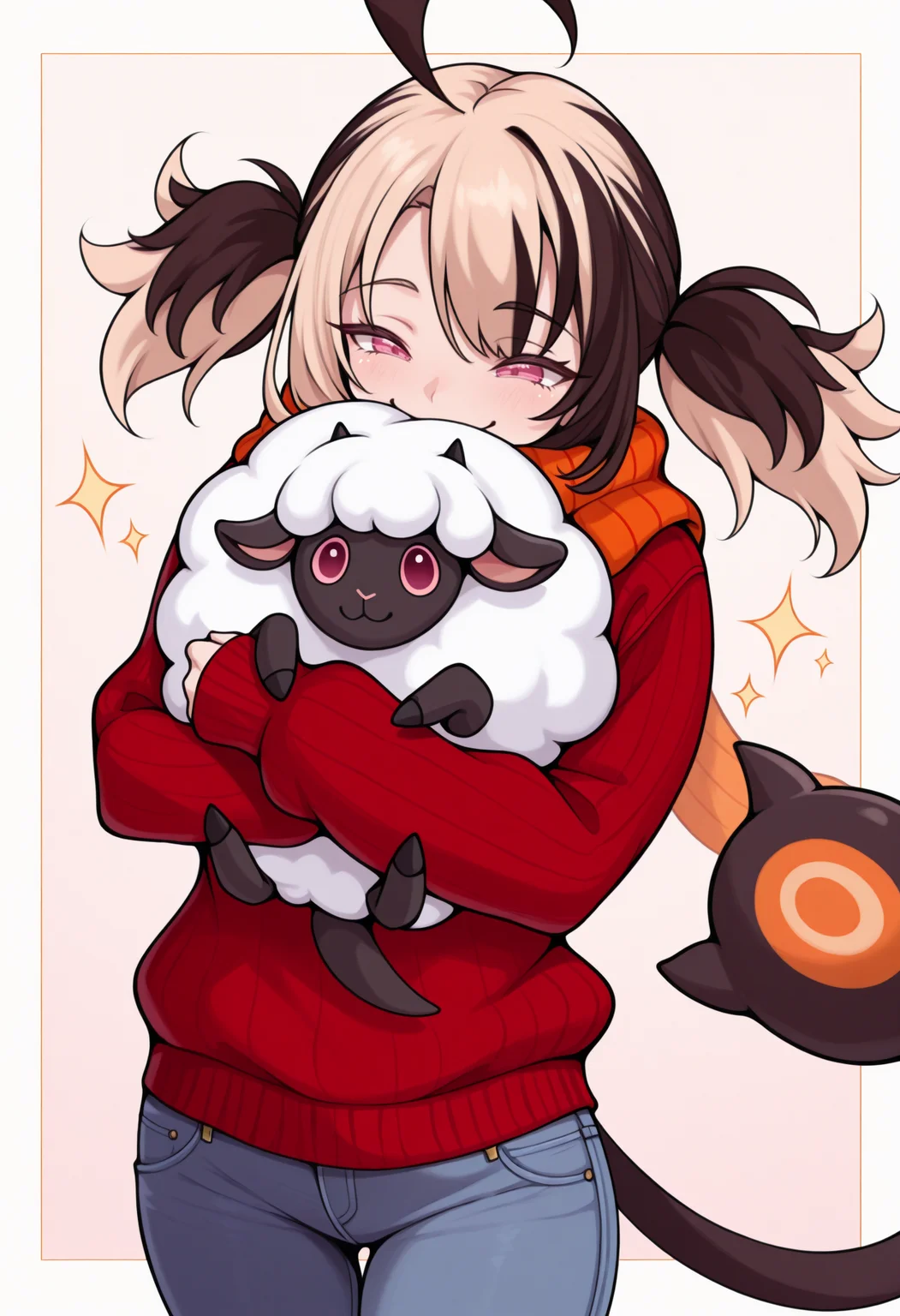 masterpiece, best quality, 1girl, solo, Gigi, pink eyes, multicolored hair, short twintails, ahoge, tail, scarf, sweater, jeans, sparkles, big smile, wholesome, hugging, hug, hugging sheep, sheep, <lora:ChamGigiMurinIllustriousXL:1>