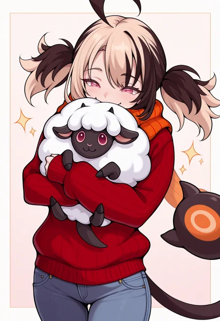 masterpiece, best quality, 1girl, solo, Gigi, pink eyes, multicolored hair, short twintails, ahoge, tail, scarf, sweater, jeans, sparkles, big smile, wholesome, hugging, hug, hugging sheep, sheep, <lora:ChamGigiMurinIllustriousXL:1>