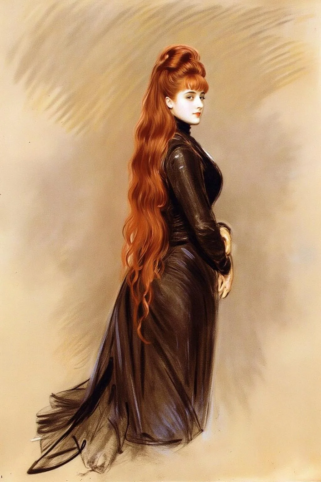 paulcesarhelleu1 illustration.
A woman with long, flowing red hair stands in side profile, wearing a high-necked black dress with long sleeves. She is turning her head looking towards the right. <lora:paulcesarhelleu1_cap_d6a3e11:1.0><lora:844384325794518126:0>
