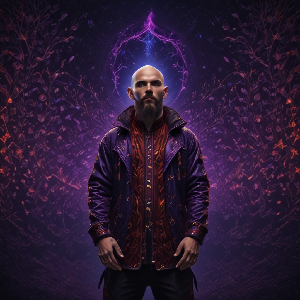 wine, bare tree, purple sky, cloud, bracelet, butterfly wings, fingerless gloves, red pants, black jacket, young man, shaved head and beard Finely detailed, in a cityenvironment, looking at viewer, solo, headwear removed, realistic, night blue sky, own hands,