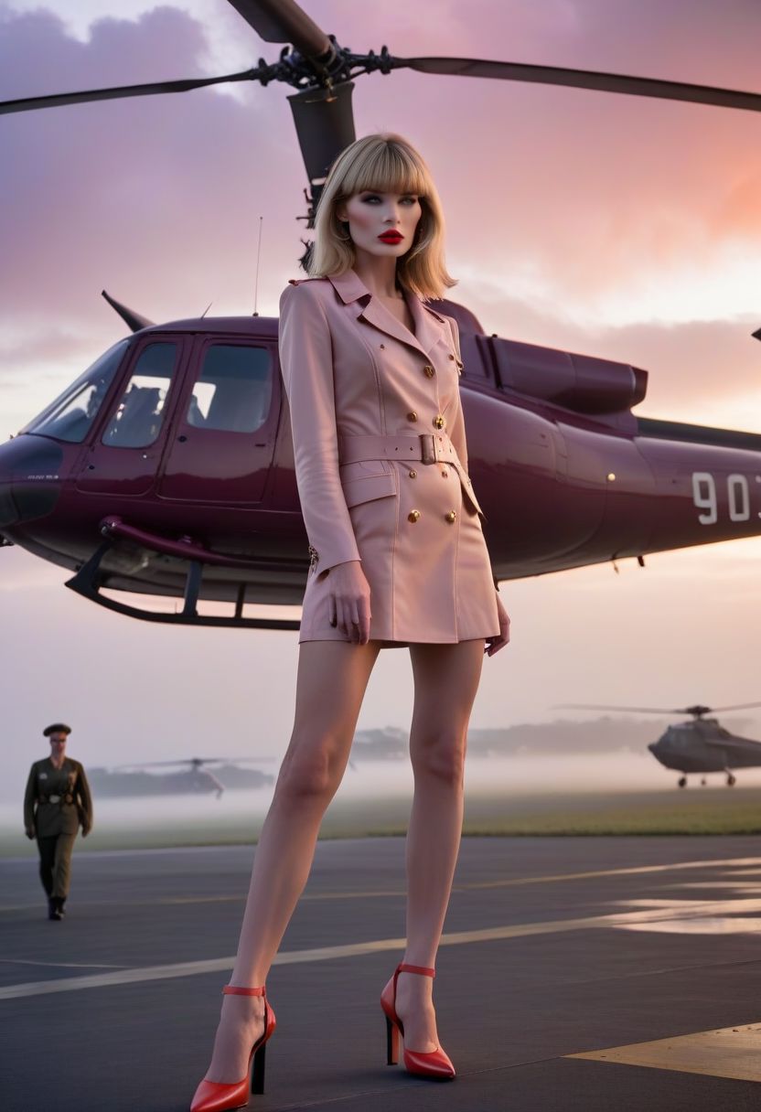 James Bond 007 style, foggy airport runway at dawn, award-winning film still of 4ng3l face egirlmakeup young skinny woman in front of military helicopter, full body, skinny, high heels, long thin legs, freckled pale skin, blunt bangs, very long shiny blonde hair down front, glossy red lipstick, delicate feminine features, blushing pink cheeks, purple pink orange fog clouds, epic, 8k, highly detailed, interesting and captivating