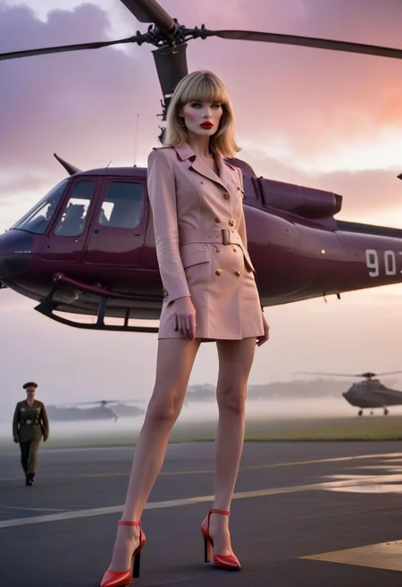 James Bond 007 style, foggy airport runway at dawn, award-winning film still of 4ng3l face egirlmakeup young skinny woman in front of military helicopter, full body, skinny, high heels, long thin legs, freckled pale skin, blunt bangs, very long shiny blonde hair down front, glossy red lipstick, delicate feminine features, blushing pink cheeks, purple pink orange fog clouds, epic, 8k, highly detailed, interesting and captivating
