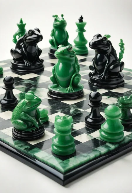 made from jade and obsidian, jade, obsidian,score_9, score_8_up, score_7_up,white background, chess board, frog perspective
