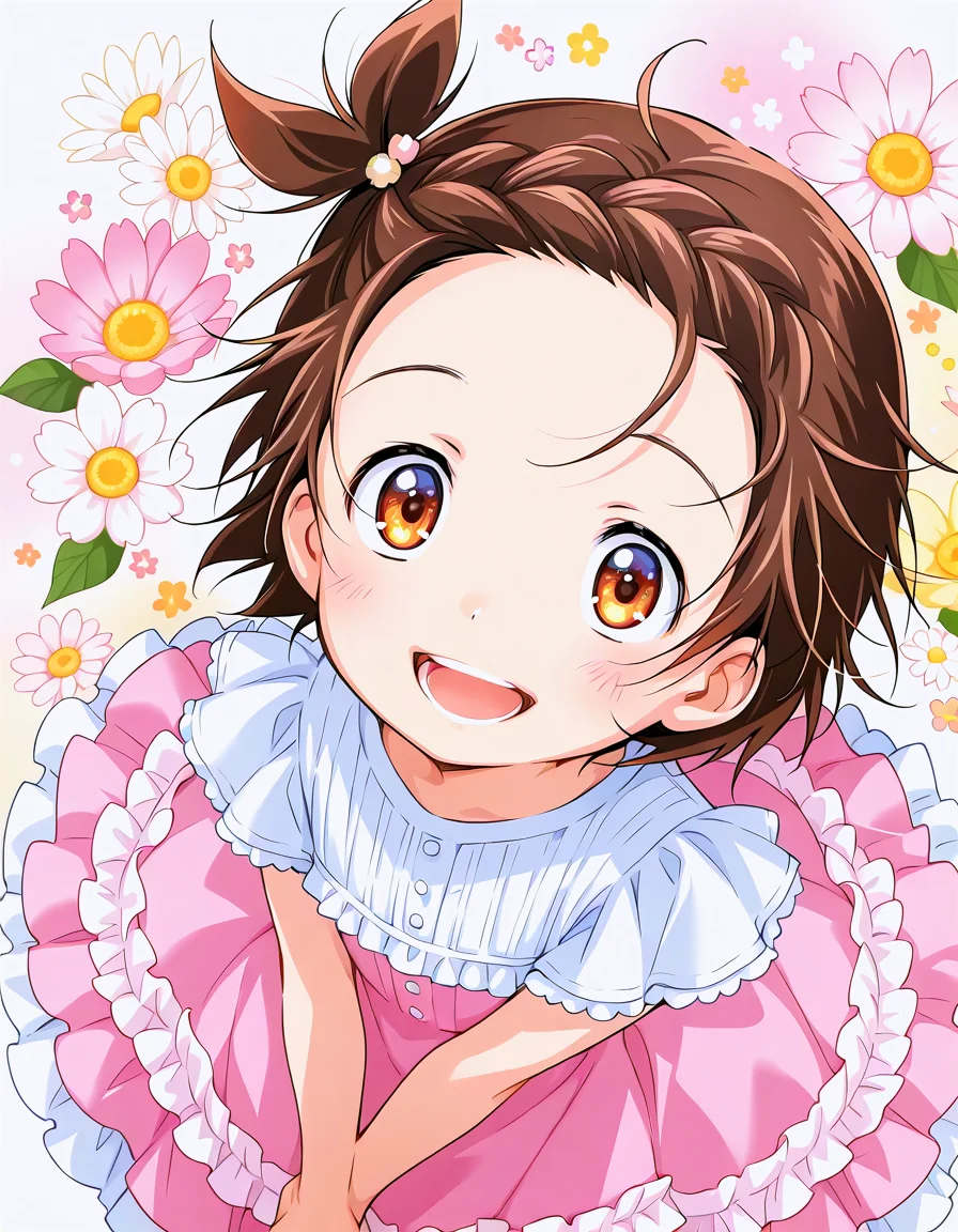 <lora:YuitsukaInori_illust_3:0.8> 1girl, solo, yuitsuka inori,
one side up, braided bangs, frilled dress, smile, blush, open mouth, floral background, flower, from above, arms together
