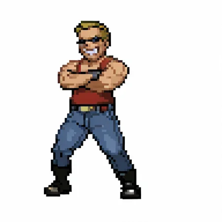 1boy, 
solo, 
full body, 
standing, 
dukenukem, 
muscular male, blonde hair, 
red tank top, denim pants, boots, belt, sunglasses, 
crossed arms, clenched teeth, grin, looking at viewer