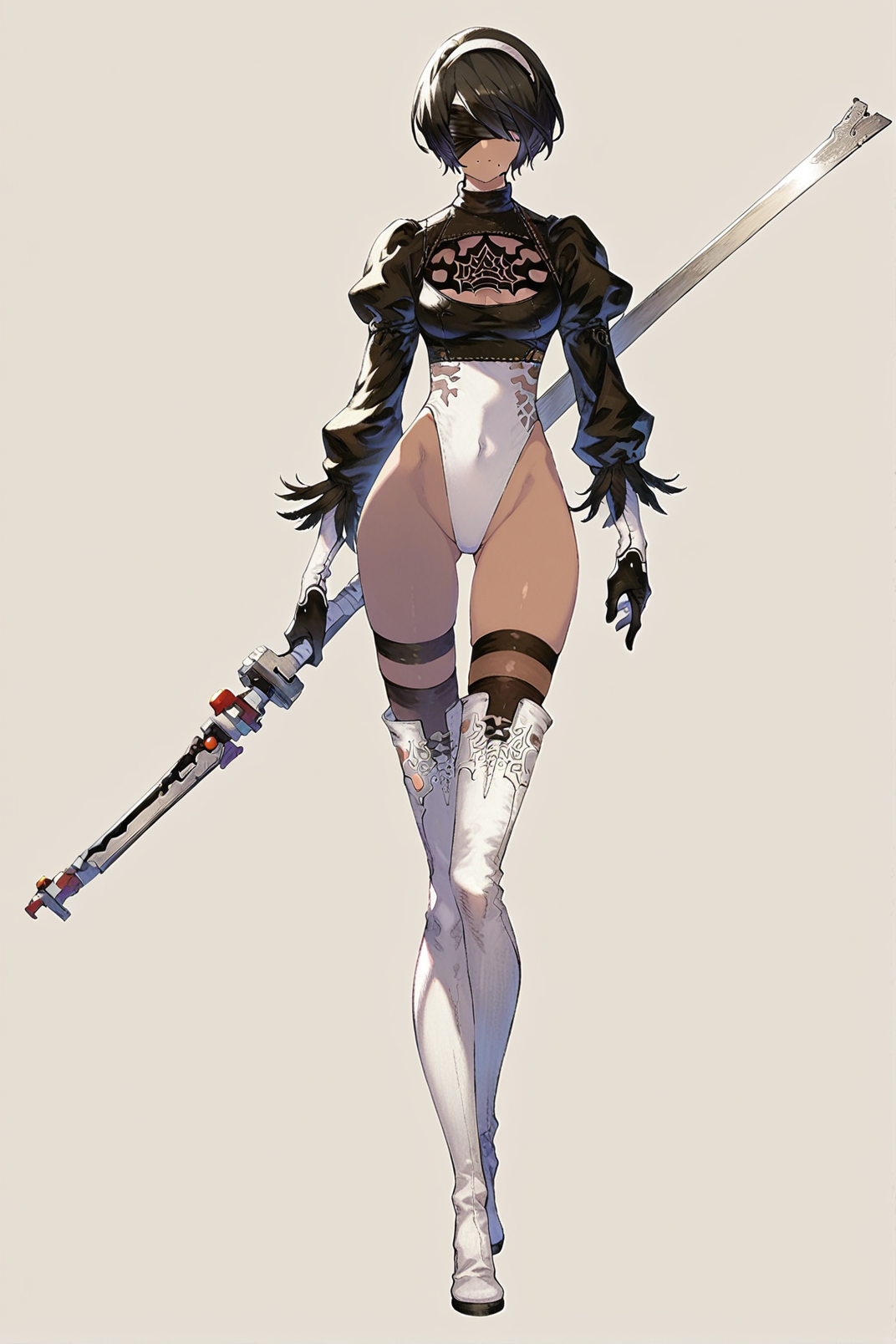 <lora:akihiro_yoshida_style_pony:1> score_9, score_8_up, score_7_up, score_6_up, source anime,
 nier reincarnation, 2p, blindfold, 1girl, hairband, mole under mouth, dark skin, leotard, player 2, thigh boots, dark-skinned female, mole, alternate color, solo, black hair, thighhighs, short hair, gloves, yorha no. 2 type b, weapon