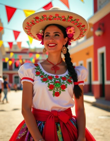 <lora:lora:1> ch1n4p, traditional, mexican, dressed, embroidery, ultra quality, ultra detailed, ultra realistic, ultra lighting, cinematic, a radiant Mexican woman dressed in a traditional China Poblana outfit, the shimmering sequins of her blouse catching the sunlight. Her hair is braided with colorful ribbons, adorned with bright flowers. She stands in a sun-drenched plaza surrounded by papel picado fluttering in the breeze, as the scent of street food fills the air.