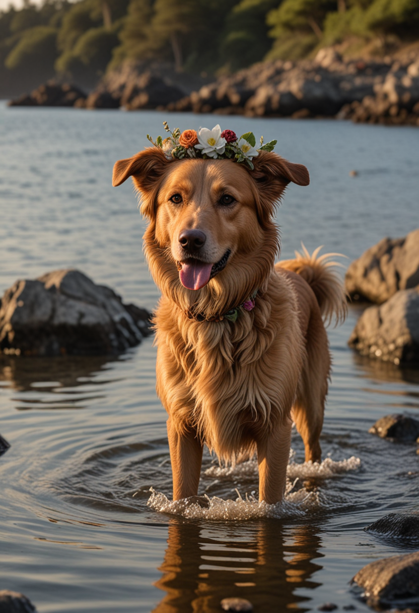 (medium full shot) of (loyal dog) with brown silky fur, a flower crown, performing swimming in a lake, set in  a rocky beach, featuring tide pools, curious dogs exploring, a cool breeze, and an adventurous feel, in the evening, Masterpiece,best quality, photo, realistic, very aesthetic,