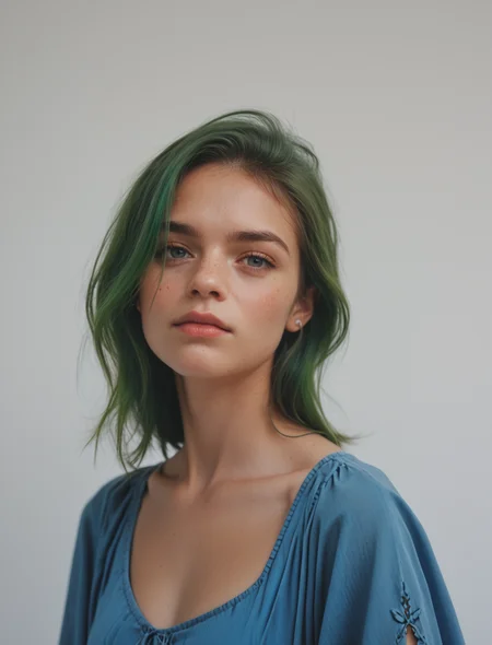 score_9,score_8_up,score_7_up, woman in blue dress with green hair, upperbody