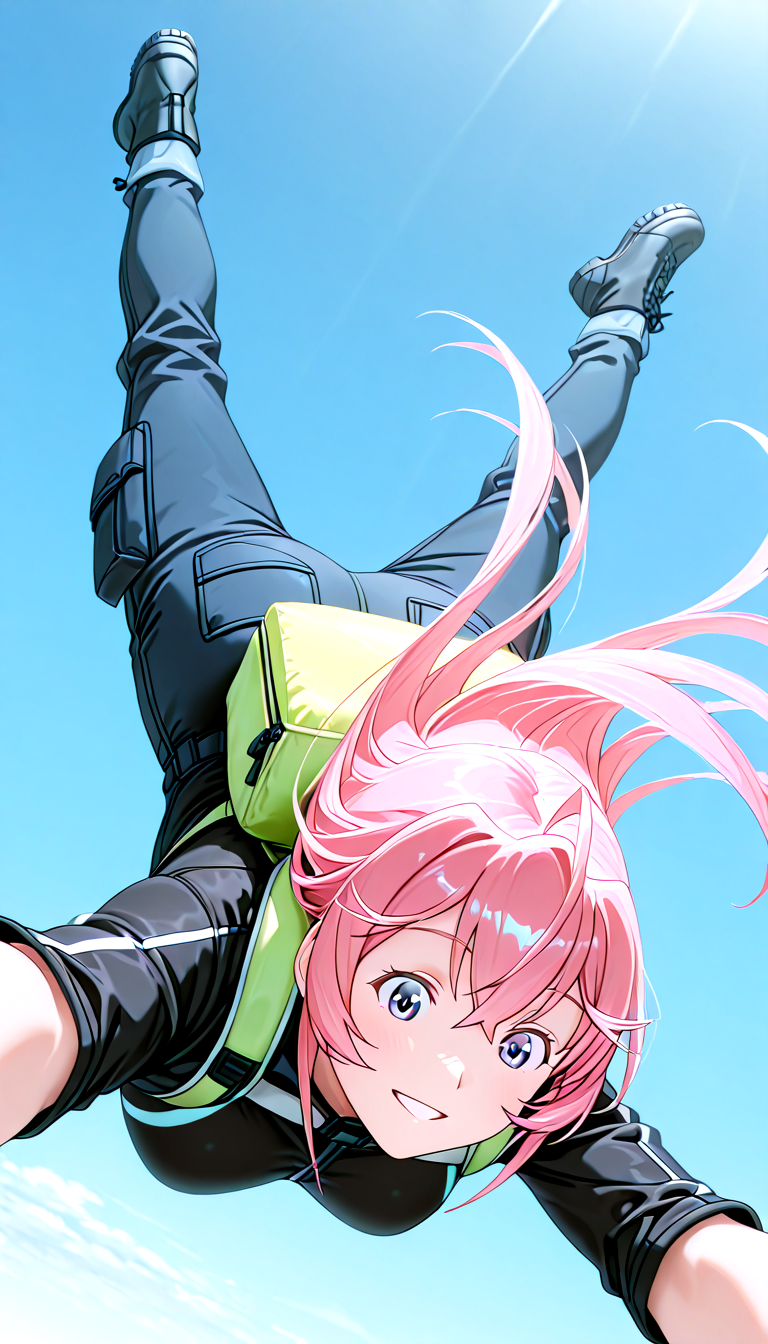 lazypos, masterpiece, best quality, amazing quality, very aesthetic, absurdres, newest,  ((ultra detailed hair:1.4)), ((ultra detailed eyes:1.4)), ((Dynamic Angle:1.49))
BREAK
1girl,solo, 0t0m3, pink hair,  <lora:sakuragi_otome420_epoch_15:1>
black Sports jacket, cargo pants, combat boots, Skydiving equipment, backpack, parachute
Smiling with teeth showing
BREAK
(smile:1.2), red cheeks, hair is flowing, jeans, (((sky diving,:1.3))) sky,
falling in sky, goggles, face down, spreading limbs, (Uplifting:1.1),(strong wind:1.2), Spread your arms, spread your legs, arms up
Cessna looks small, ((Horizontal body))