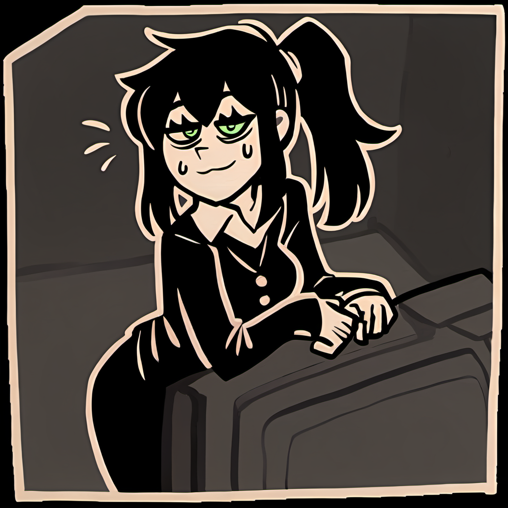 score_9,score_8,score_7,source_general,
by nemlei,the coffin of andy and leyley,framed,
1girl,mrs. graves,mature female,black hair,green eyes,exhausted,bags under eyes,side ponytail,standing,leaning forward,happy,looking at viewer,sweatdrop,basement,office lady,black vest,white long sleeve shirt,
<lora:ponyxl-the_coffin_of_andy_and_leyley-style-v03:1>