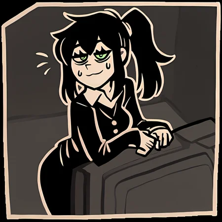 score_9,score_8,score_7,source_general,
by nemlei,the coffin of andy and leyley,framed,
1girl,mrs. graves,mature female,black hair,green eyes,exhausted,bags under eyes,side ponytail,standing,leaning forward,happy,looking at viewer,sweatdrop,basement,office lady,black vest,white long sleeve shirt,
<lora:ponyxl-the_coffin_of_andy_and_leyley-style-v03:1>