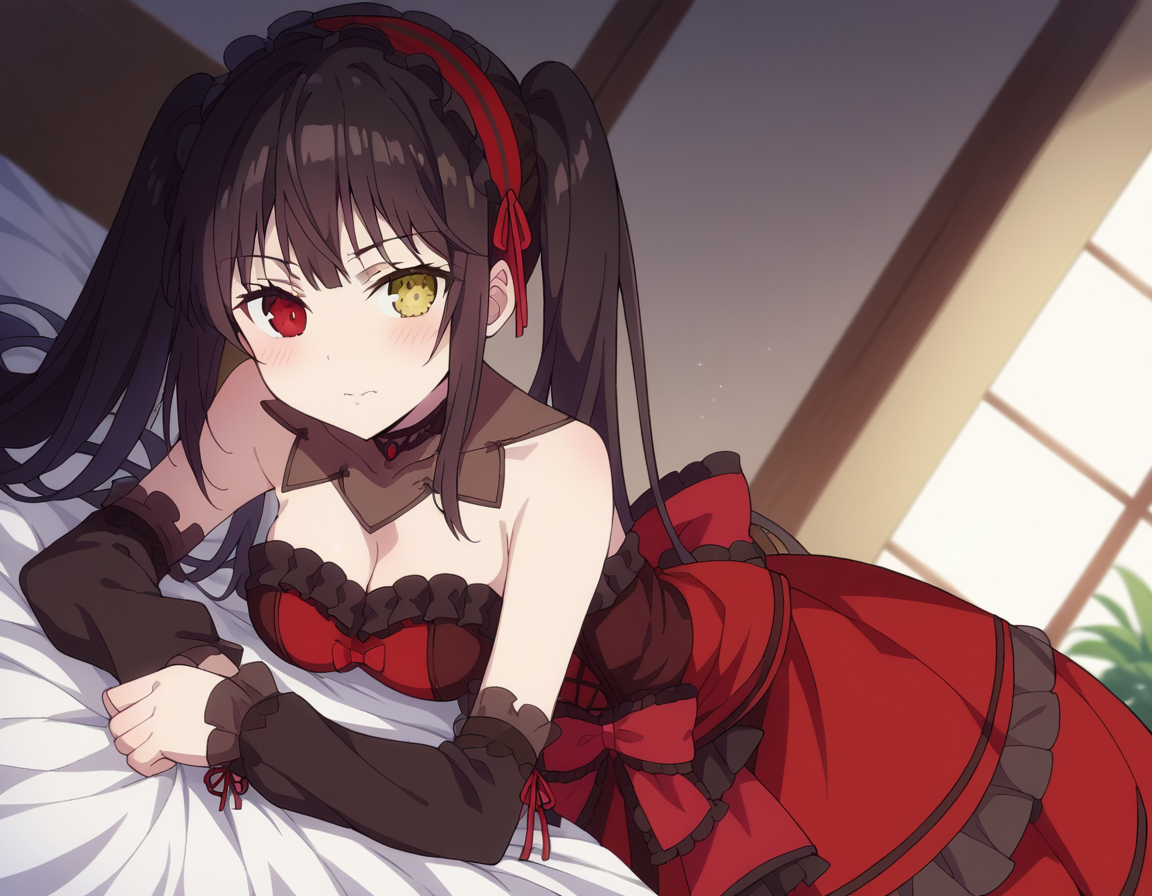 score_9, score_8_up, score_7_up, source_anime,
kurumitokisaki, <lora:kurumi-tokisaki-movie-ponyxl-lora-nochekaiser:1>,
kurumi tokisaki, black hair, red eyes, long hair,
twintails, yellow eyes, hairband, heterochromia, dress, red dress, bare shoulders, collarbone, choker, bowtie, red bowtie, detached sleeves, corset, frills, cleavage,
indoors, bed, bed room, on side, blush, drunk,
solo, dutch angle, looking at viewer, cowboy shot,